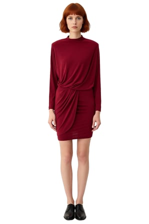 Kadın Bordo Bodycon Yarasa Kol Dik Yaka Düz Örme Kısa Elbise Şık Davetler Kış Kombinleri İçin