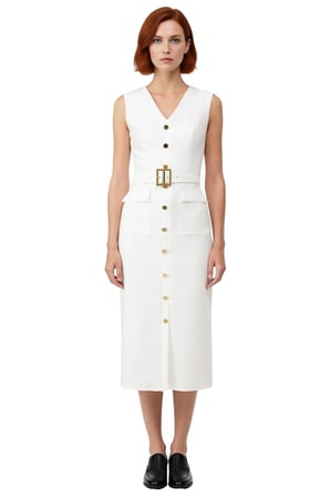 Kadın Bodycon Kesim Kolsuz V Yaka Kemerli Midi Elbise Aksesuar Detaylı Şık ve Modern Finike Dokuma