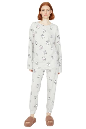 Kadın Göz Baskılı Bisiklet Yaka Uzun Kollu Pijama Takımı Fonksiyonel Dayanıklı Kaliteli Şık