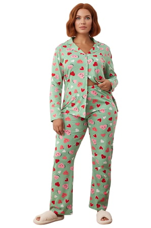 Kadin Kirmizi Kalp Desenli Gömlek Yaka Pijama Takımı Fonksiyonel Dayanıklı Kaliteli Modern