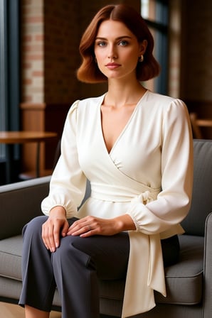 Kadın Ekru Kruvaze Bağlama Detaylı V Yaka Balon Kol Dokuma Bluz Kışlık Business Kullanım İçin
