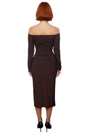 Kadın Bodycon Carmen Yaka Örme Uzun Kollu Büzgü Detaylı Şık Gece Elbisesi Sandy Dokuma Kaliteli
