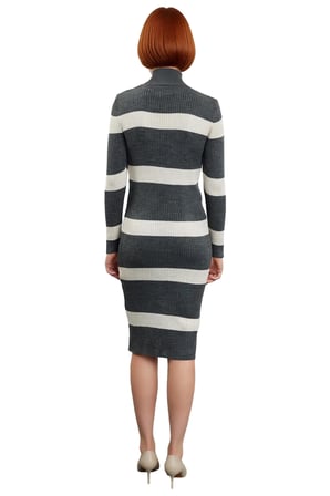 Kadın Triko Çizgili Bodycon Midi Elbise Dik Yaka Uzun Standart Kol Akrilik Rahat Şık Tasarım