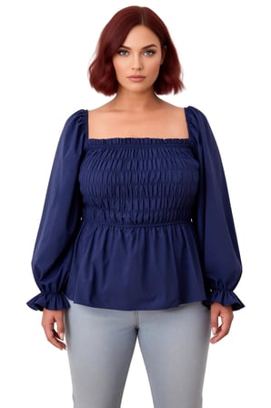 Kadın Lacivert Kare Yaka Büzgülü Kol Gipeli Dokuma Bluz A line Siluet Crop Boy Feminine Tarz