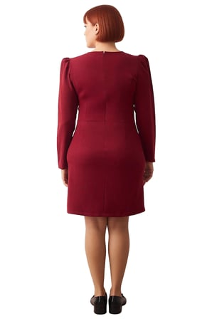 Kadın Bordo Bodycon V Yaka Balon Kol Uzun Kollu Dokuma Mini Elbise Büyük Beden Şık Günlük Kaliteli