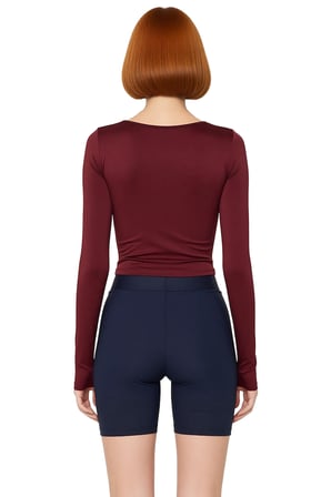 Kadın Bordo Crop Uzun Kollu Bisiklet Yaka Spor Bluz Pencere Detaylı ve Baş Parmak Delikli Kaliteli