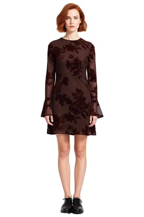 Kadın Çiçekli Desenli Bodycon Mini Tül Elbise Uzun Flare Kollu Astarlı Şık ve Modern Tasarım
