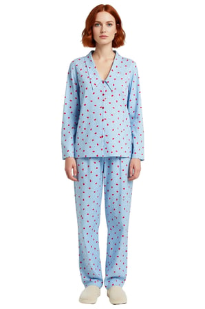 Kadın Kalp Desenli Gömlek Yaka Pijama Takımı Fonksiyonel Dayanıklı Kaliteli Konforlu Rahat