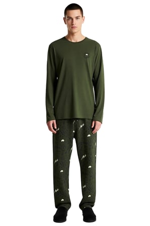 Erkek Haki Galaksi Desenli Nakışlı Pijama Takımı Fonksiyonel Dayanıklı Kaliteli Konforlu Şık