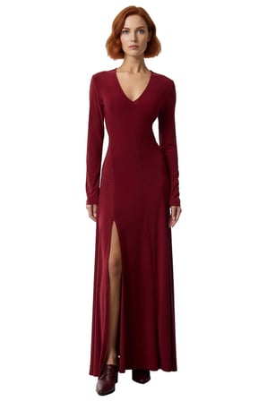 Kadın Maxi Bodycon Kalıp V Yaka Uzun Kollu Düz Desen Yırtmaç Detaylı Şık Modern Örme Elbise