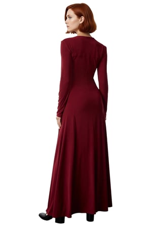 Kadın Maxi Bodycon Kalıp V Yaka Uzun Kollu Düz Desen Yırtmaç Detaylı Şık Modern Örme Elbise