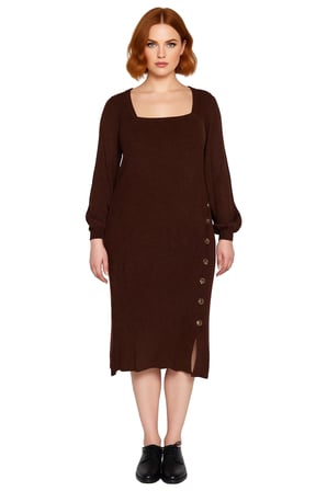 Kadın Fitilli Bodycon Midi Triko Elbise Uzun Kollu Kare Yaka Düğme Detaylı Yırtmaçlı Kaliteli