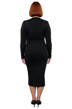 Kadın Siyah Bodycon Triko Midi Elbise Bisiklet Yaka Taş Detaylı Uzun Kol Kışlık Şık Seçim Kaliteli