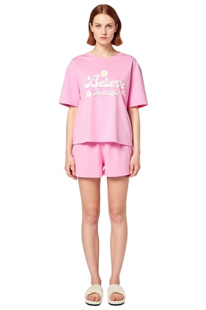 Kadın Slogan Baskılı Bisiklet Yaka Kısa Kollu Pijama Takımı Fonksiyonel Dayanıklı Kaliteli