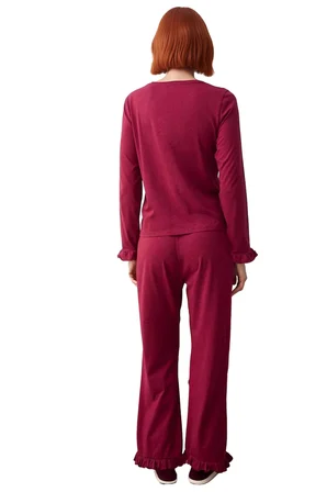 Kadın Fırfırlı Bisiklet Yaka Uzun Kollu Pijama Takımı Fonksiyonel Dayanıklı Kaliteli Rahat