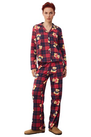 Kadin Ayicik Desenli Ekose Pijama Takımı Gömlek Yaka Uzun Kollu Fonksiyonel Dayanıklı Spor