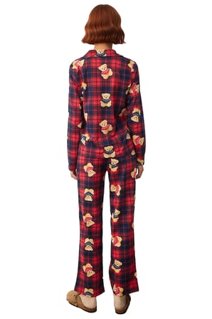 Kadin Ayicik Desenli Ekose Pijama Takımı Gömlek Yaka Uzun Kollu Fonksiyonel Dayanıklı Spor