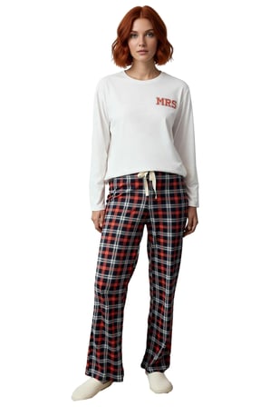 Kadın Ekose Desenli Pijama Takımı Bisiklet Yaka Uzun Kollu Fonksiyonel Dayanıklı Kaliteli Şık