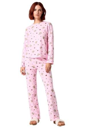 Kadın Ayıcık ve Kalp Desenli Polar Pijama Takımı Fonksiyonel Dayanıklı Kaliteli Konforlu Şık