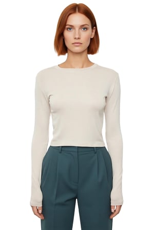Kadın Pembe Viskon Ribana Dokulu Fitted Bisiklet Yaka Uzun Kollu Crop Bluz Günlük Kullanıma Uygun