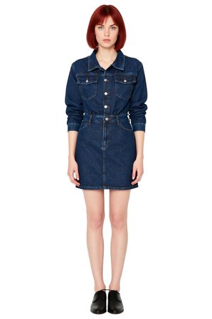Kadın Denim Mini Gömlek Elbise Uzun Kollu Yaka Şık ve Günlük Tarzı %100 Pamuk Dokusuyla.