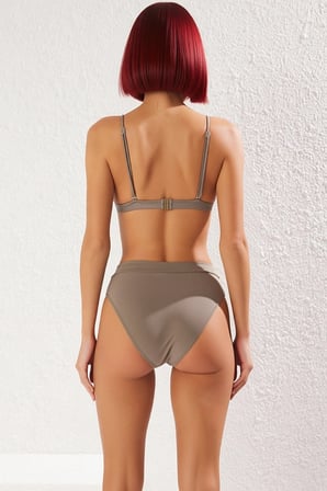 Kadın Bikini Takımı Leopar Desenli Üçgen Kaplı Balensiz Yüksek Bel Hipster Kolsuz Örme Raşel