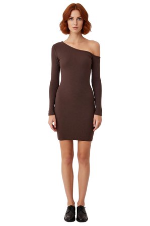 Kadın Bodycon Asimetrik Yaka Uzun Kollu Fitilli Örme Mini Elbise Gündüz Gece Davet Stili Kaliteli