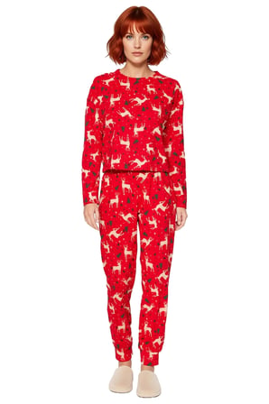 Kadın Kışlık Yılbaşı Baskılı Pamuklu Pijama Takımı Rahat Kullanım Günlük İçin