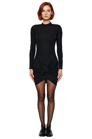 Kadın Siyah Bodycon Simli Örme Uzun Kollu Dik Yaka Anvelop Detaylı Kısa Abiye Elbise Kış Kombinleri