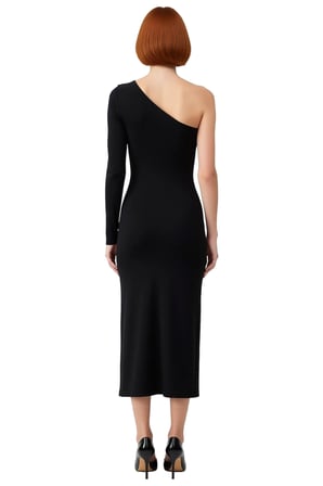 Kadın Tek Omuz Bodycon Örme Maxi Elbise Asimetrik Yaka Uzun Kol Aksesuar Detaylı Astarlı Kışlık