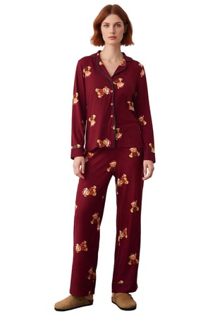 Kadın Ayıcıklı Pijama Takımı Gömlek Yaka Uzun Kollu Fonksiyonel Dayanıklı Kaliteli Estetik