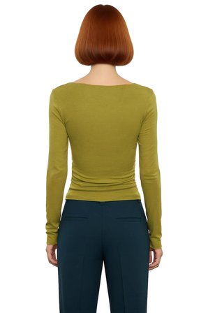 Kadın Fitted Viskon Ribana Kayık Yaka Düşük Kol Büzgü Detaylı Uzun Kollu Örme Bluz Günlük Giyim İçin