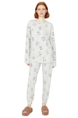 Kadın Göz Baskılı Bisiklet Yaka Uzun Kollu Pijama Takımı Fonksiyonel Dayanıklı Kaliteli Şık