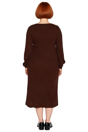 Kadın Fitilli Bodycon Midi Triko Elbise Uzun Kollu Kare Yaka Düğme Detaylı Yırtmaçlı Kaliteli