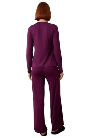 Kadın Mürdüm Viskon Süprem Kayık Yaka Uzun Kollu Pijama Takımı Fonksiyonel Dayanıklı Rahat