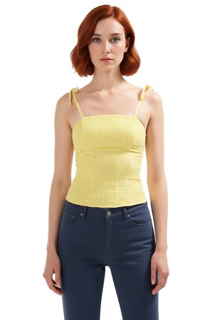 Yazlık Ekose Gofre Dokuma Kolsuz Bluz Rahat Günlük Stil Seçkin Malzeme Premium Kalite