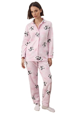 Kadın Polar Panda Desenli Gömlek Jogger Pijama Takımı Fonksiyonel Dayanıklı Kaliteli Rahat
