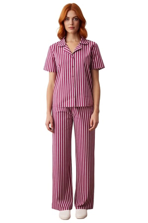 Kadın Çizgili Poplin Pijama Takımı Gömlek Pantolon Fonksiyonel Dayanıklı Kaliteli Konforlu