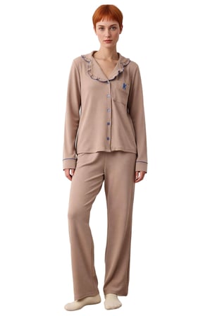 Kadın Fırfırlı Nakışlı Örme Pijama Takımı Fonksiyonel Dayanıklı Kaliteli Konforlu Estetik Şık