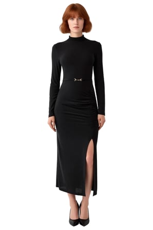 Kadın Siyah Bodycon Uzun Kollu Dik Yaka Maxi Elbise Aksesuar Detaylı Kış Şıklığı Gündüzden Geceye