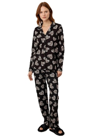 Kadın Açık Kalp Desenli Gömlek Yaka Pijama Takımı Fonksiyonel Dayanıklı Kaliteli Konforlu Şık