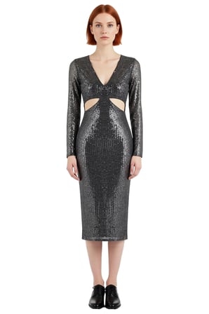 Kadın Bodycon Kesim Midi Boy Payetli Cut Out Detaylı V Yaka Abiye Elbise Özel Günler İçin İdeal