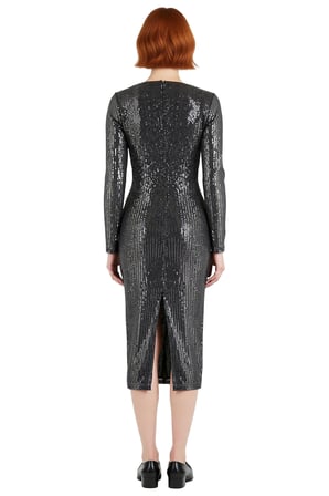 Kadın Bodycon Kesim Midi Boy Payetli Cut Out Detaylı V Yaka Abiye Elbise Özel Günler İçin İdeal