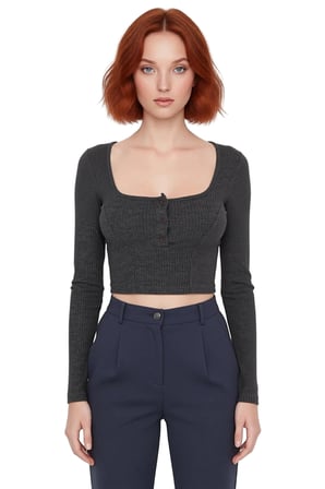 Kadın Fitted Kare Yaka Yarım Pat Düğmeli Uzun Kollu Crop Örme Bluz Kış Sezonu İçin Modern Ve Şık