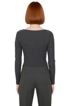 Kadın Fitted Kare Yaka Yarım Pat Düğmeli Uzun Kollu Crop Örme Bluz Kış Sezonu İçin Modern Ve Şık