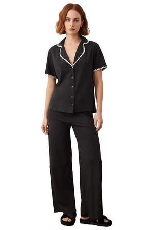 Kadın Gömlek Yaka Nakışlı Pijama Takımı Fonksiyonel Dayanıklı Kaliteli Konforlu Estetik Şık