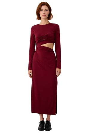 Kadın Bordo Bodycon Kesim Aksesuar ve Bel Cut Out Detaylı Uzun Kollu Maxi Elbise Şıklık Katıyor