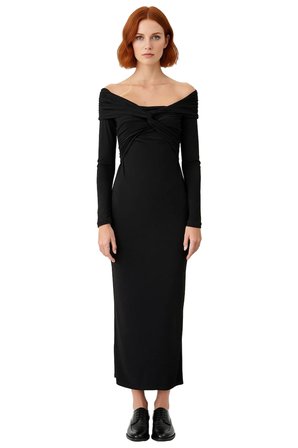Kadın Bodycon Kesim Carmen Yaka Uzun Kollu Örme Midi Elbise Şık Gece Davetleri İçin İdeal Seçim