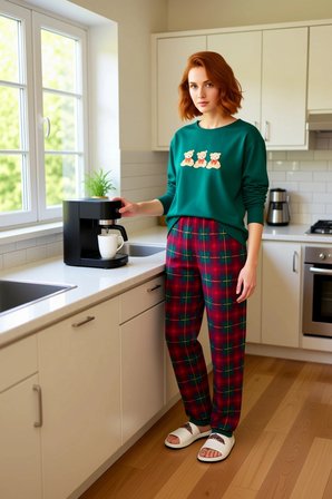 Kadın Ayıcık Nakışlı Ekose Pijama Takımı Fonksiyonel Dayanıklı Kaliteli Konforlu Estetik Şık