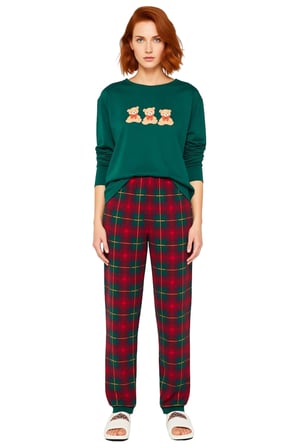Kadın Ayıcık Nakışlı Ekose Pijama Takımı Fonksiyonel Dayanıklı Kaliteli Konforlu Estetik Şık